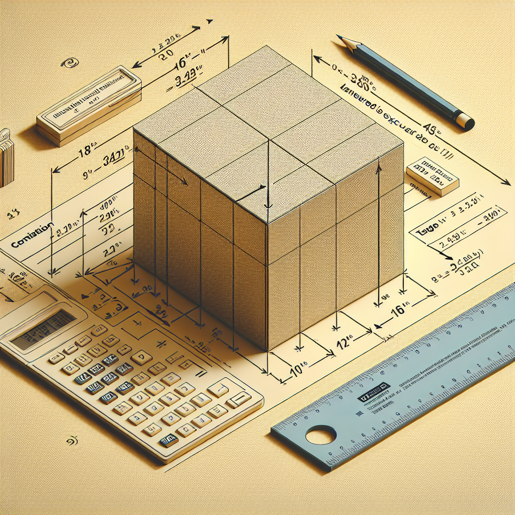 Generate an illustration showing the process of calculating the maximum volume of a rectangular box. The box has square ends and must satisfy a delivery company's requirements. The conditions are such that the total of the box's length and its girth (measured around, taken perpendicular to the length) cannot exceed 100 inches. The illustration should display the box in 3D, with the length and girth noted using an arrow with numerical representation. The scene should emphasize the mathematical approach, yet keep it visually pleasant, perhaps with a table, ruler at the side, and a pencil nearby. Ensure no text is within the image.
