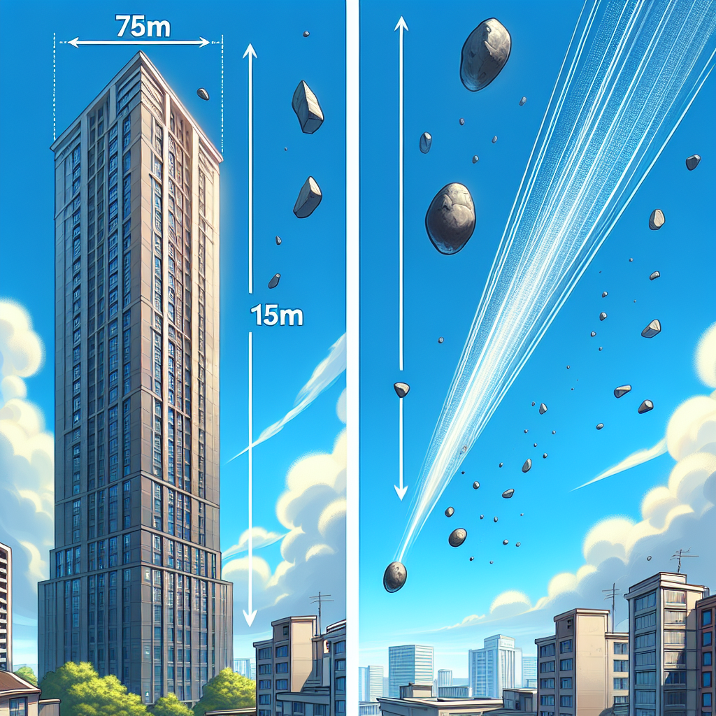 Illustrate a clear and appealing scene of a tall building, approximately 75m high, set against a clear blue sky. Portray two stones - one falling freely from the top of the building, and a second one being launched downward with some initial velocity after the first stone has fallen 15m. Show both stones at a moment where they are in mid-air, on their way to the ground. Make sure to capture the distance of 15m between the point of release and the point of the second stone being released. Include no text or numerical indications in the image.