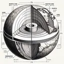 Illustrate a schematic cross section of the Earth, showing its core and mantle. The core should be depicted as a smaller sphere inside the larger sphere representing the Earth. Provide a graphical representation of the densities and radiuses of the core, mantle and the entire Earth. Make it clear that these densities and radiuses are variable. Please do not include any text.
