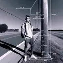 Generate an image of a young Caucasian male labelled as 'Justin', standing at a location named 'Point A' that is directly across a tall pole located near a roadside. The angle of elevation from Justin's position to the top of the pole should be visually represented as 15.3 degrees. Further from Point A, create another location labelled as 'Point C' which is 30m away and parallel to the roadside. From Point C, Justin observes the base of the pole and Point A, the angle between these points being shown as 57.5 degrees. The angle formed between Point A, the base of the pole, and Point C is depicted as 90 degrees. Note: The height of pole is not illustrated in the image.