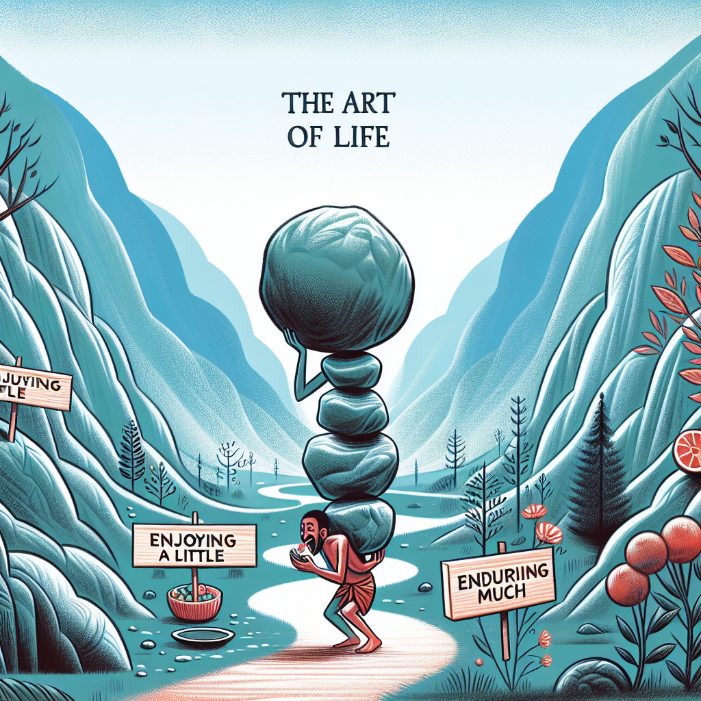 Illustrate an abstract concept of 'the art of life' featuring an individual savoring a small piece of fruit representing 'enjoying a little', while carrying a large stone on their back symbolizing 'enduring much'. The environment should reflect a serene yet challenging pathway symbolizing life's journey. The individual can be a South Asian male.