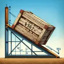 Generate an image that illustrates a crate weighing 562 newtons resting on an inclined plane angled at 30 degrees above the horizontal. Picture the crate with a visible weight force, with distinct lines indicating the components of the weight force that act parallel and perpendicular to the plane. The crate should be wooden with rusty metal corners, and the inclined plane should be in an outdoor setting, with the blue sky in the background. Please ensure that the image does not contain any text.