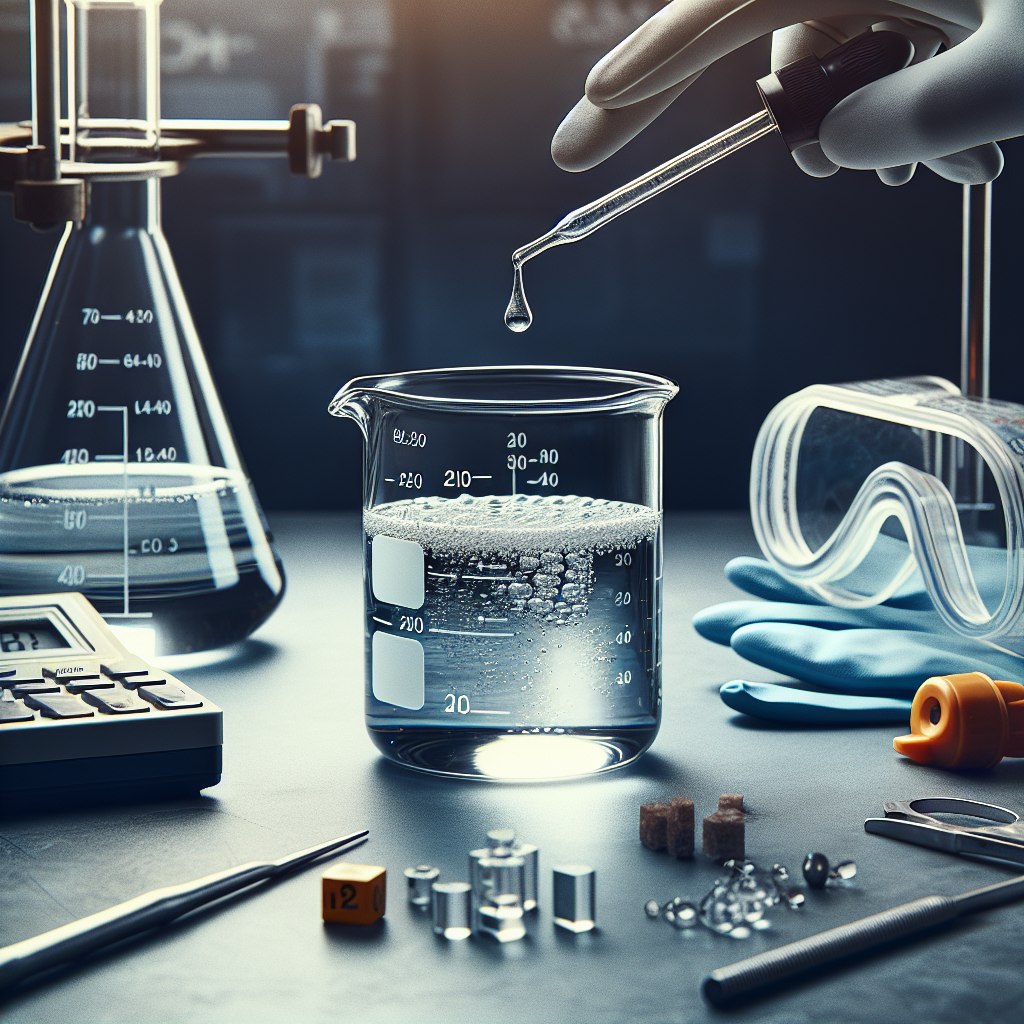 An accurate and detailed picture showing a glass beaker containing a solution of Na2HPO4 situated on a lab table. The beaker is being titrated from above by an acid dropper, meticulously dispensing a strong acid into the solution. The half-filled beaker symbolizes half neutralization. Around this setup, there are vague scientific instruments like pH meter, gloves, and safety goggles illustrating a proper lab setting. No text should be included in the image.