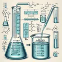 A detailed scientific illustration showing the process of preparing a 100mL solution of 10g/L HCl from concentrated HCl (37%, density 1.19g/mL). The illustration includes a marked graduated cylinder with 2.28mL of concentrated HCl and a beaker filled to the 100mL mark with water. Add a separate close-up view of each step in the calculation formula, such as the conversion of percentage to grams, the calculation of mass from volume and density, and the final dilution step. Note: The image should not contain any text, only visuals representing the process.