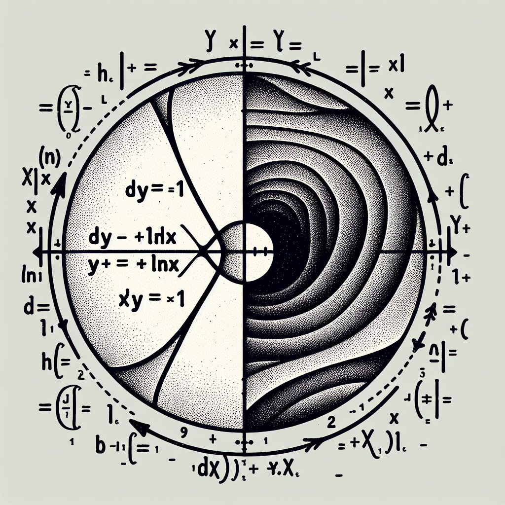 An illustration that complements a mathematical question. The image should visually express the concept of a differential equation, specifically focusing on dy/dx = (1+lnx)y equation. It should also indicate a condition where y=1 when x=1. Avoid any written text in this mathematical backdrop, and let the visual elements depict the equation and its condition.