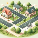 Create a peaceful suburban setting image. The scene includes a neat little house depicted as the starting point, a store at the end of a straight path about a kilometer away. Halfway between the house and the store, portray another house, indicated as a friend's house. A bicycle is the mode of transport, shown making the journey back and forth along this path. The journey starts from home, moving to the store, then to the friend's house, and finally back to the starting house. The image has no text elements.