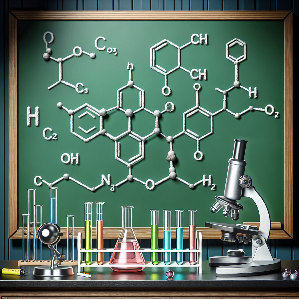 Generate a visually appealing image depicting a scientific reaction. The image has a background of a chemistry lab with beakers, test tubes filled with colorful liquids and a microscope nearby. In the foreground is a large chalkboard with dimensional drawings of molecular structures representing Chromium (Cr), Oxygen (O), Sulfur(S), and Hydrogen(H). Note that the image contains no text.
