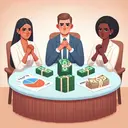 Create an image representing a business partnership between three individuals: one Caucasian man, one Hispanic woman and one Black woman. They are standing around a table which has stacks of cash and a pie chart representing their investments. The stacks of cash vary in size: one is large ($4,500), one is medium-sized ($3,500), and one is small ($2,000). On the table also illustrate a sealed envelope symbolizing the profits of $1,500. However, ensure that the individuals' emotions portray a sense of discrepancy or unfairness in the distribution of the profits. Remember, the image must contain no text.