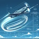 Visualize a clear blue sky as the backdrop of an exciting aerial scenario. Depict an airplane designed in an industrial style, performing a thrilling loop maneuver at great speed, which is approximately 400 mph. Carefully illustrate this high-speed event, ensuring to capture the plane at the bottom of the loop to symbolize the mentioned normal acceleration of 9 g ft/sec^2. Although you cannot directly depict this sensation, evoke its presence through the plane's swift and powerful motion. Arguably the most crucial detail, visualize the entire loop’s radius by following the plane's traversal, all while excluding any literal representation of mathematical figures or formulas, keeping the image free of textual elements.
