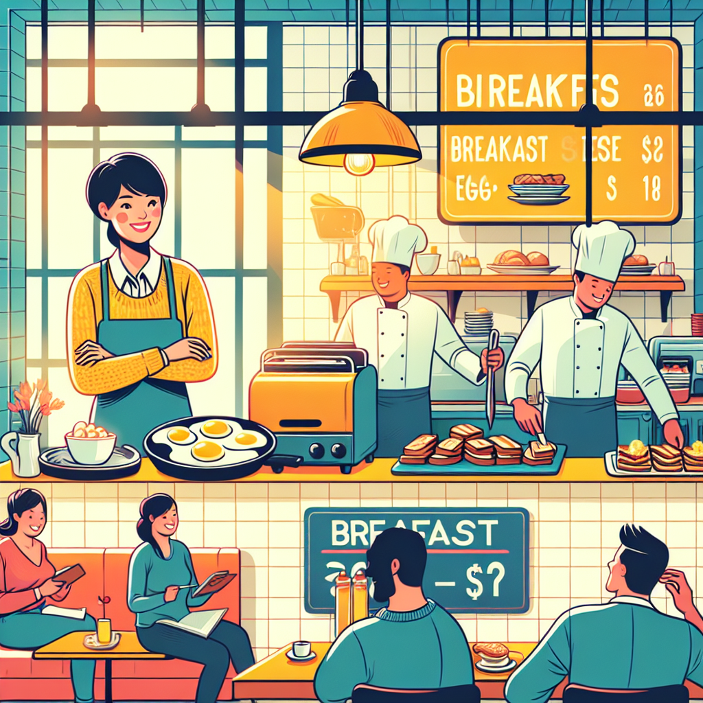 Design a vibrant scene inside a cozy, bustling restaurant. The owner, a confident Asian woman, is tending to her customers with a smile. An open kitchen reveals chefs preparing breakfast items, with emphasis on fried eggs on a sauté pan and a stack of toasts popping out of a classic toaster. Make sure to include prominent displays of the prices on a board or tag but without explicit text.