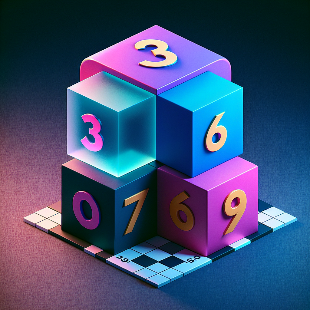 Visual representation of an interesting mathematical problem. Create an illustration that displays four big proportional cubes, each cube standing for a single digit number. Make one of them translucent to represent the digit '0' which cannot be used as the first digit. Paint one in cyan to symbolize '3', another in magenta to denote '6' and the last one golden yellow to signify '9'. Place these cubes on a checkerboard that extends until the number 10,000, intending that the odd numbers less than 10,000 are the goal to be achieved using these cubes.