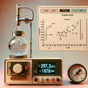Generate an image depicting a scientific setup suitable for chemistry experiments. Show a small apparatus containing a gas sample, a thermostat indicating the temperature of 292.0 K, and a pressure gauge showing 1.10 atm. Also, depict a composition chart illustrating the percentages of Carbon (38.734%) and Fluorine (61.266%) present in the gas. However, make sure the image does not contain any written text.