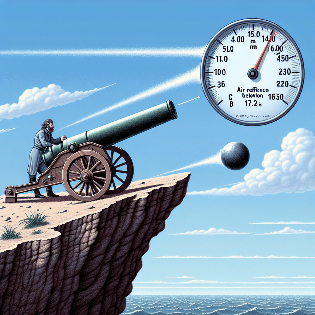 Illustrate a situation where a canon sitting on an elevated cliff fires a cannonball at a speed of 10.0 m/s at an angle of 45 degrees above the horizon. Show the cannonball descending to hit the ground below that's 10.0 m below the initial position. Depict the air as calm, suggesting no air resistance. Also, present a speedometer in the corner of the image, with the needle pointing at 17.2 m/s; however, don't label it, keeping the image text-free.
