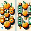 Create a vivid and engaging illustration that captures the concept of multiplication. Show two sets of objects, one set of eight items and the other set of eleven items. The eight items could be symbolized by eight oranges and the eleven items by eleven dollar-bills to represent the numbers 8.99 and 11 respectively. Show arrows intersecting the objects illustrating the process of multiplication, without the addition of any text or numerical figures.