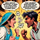 An intense debate is unfurling between two fictional characters. One character, a South Asian female, holds a traditional mindset and passionately raises the argument that boys should not participate in kitchen work, based on old gender roles. On the opposite side, a Caucasian male, who is progressive and forward-thinking, staunchly counters this notion, emphasizing on the breaking of stereotypes and the importance of equality in household tasks. Their vivid speech bubbles express their strong viewpoints, the atmosphere buzzes with heated exchange as they challenge each other's ideas.