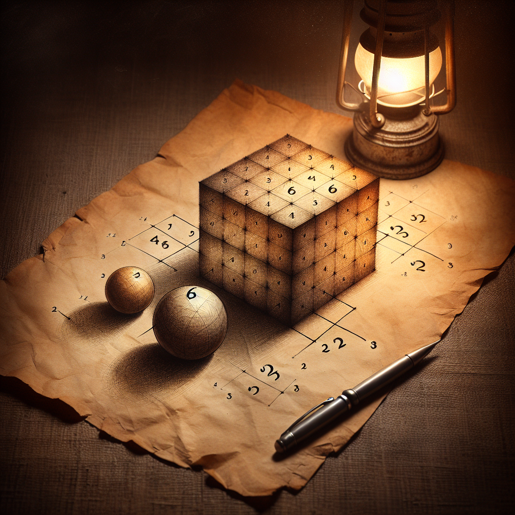 An intriguing mathematical concept represented visually without using any text. A scene where three prime numbers, symbolized as growing spheres, are seen. They are drawn one after the other on an old, realistic, vintage piece of parchment paper. Their union forms a larger image of an evenly-weighted solid cube insinuating they're being summed up. The color scheme of the primes and cube are in earthy tones. Light from a vintage lantern illuminates the parchment emphasizing the mysterious nature of primes. Highlight the cube to emphasize that the sum is being squared. The largest prime is represented by the largest sphere.