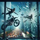 Illustrate an abstract representation of a cinematic scenario involving a fearless character leaping through a large, shattering glass window on a motorcycle. This scene is in a bustling city with skyscrapers. However, it's critical to add a surreal, stylized touch to this visual story - the moment of impact is frozen in time, shards of glass suspended mid-air around them. This scene should not depict any injury to the character to represent the violation of Newton's laws portrayed in Hollywood films. No text should be present in the image.