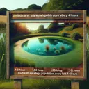 Visualize an idyllic pond located in a serene countryside. The water, tempered by the daylight, shimmers with soft reflections of the surrounding luscious grass and foliage. On one side, the scene is punctuated by a rustic wooden sign that details the pond's ability to double its algae population every 4 hours. Without citing any specific figures, the sign illustrates the exponential growth of the algae, the first image showing a few algae and subsequent images showing its progressive multiplication. Please remember: the image should contain no text.