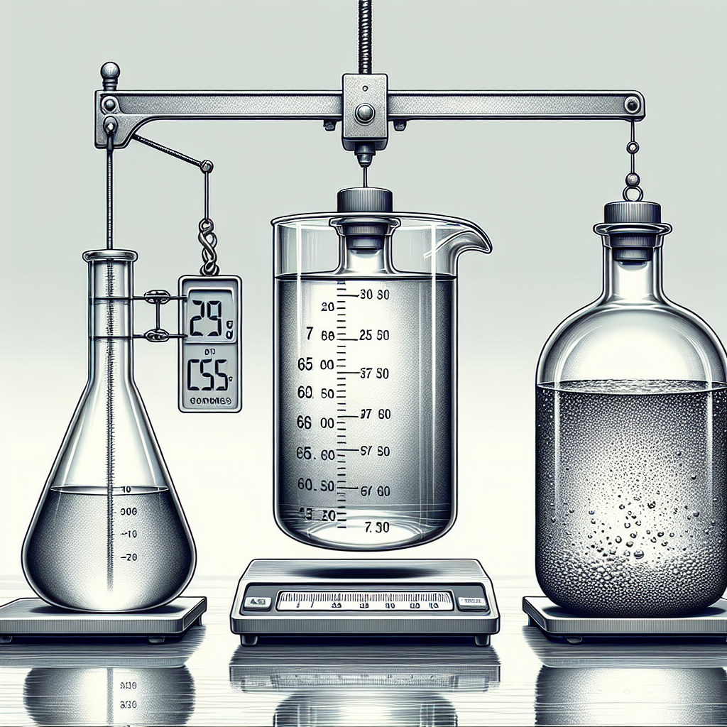 Create a detailed scientific illustration with a trio of scenes: On the left, a relative density bottle, a versatile tool used in density calculation, lies empty on a grayscale, reflective, laboratory table. Its empty weight, 25 grams, is represented with a hanging scale indicating 25 grams. In the center, the same bottle is presented full of an unidentifiable, colored liquid. A hanging scale shows a weight of 65 grams. On the right, the bottle is filled with crystal-clear water. Another hanging scale reveals a weight of 75 grams. Note: all three scenes should be without any textual indications.