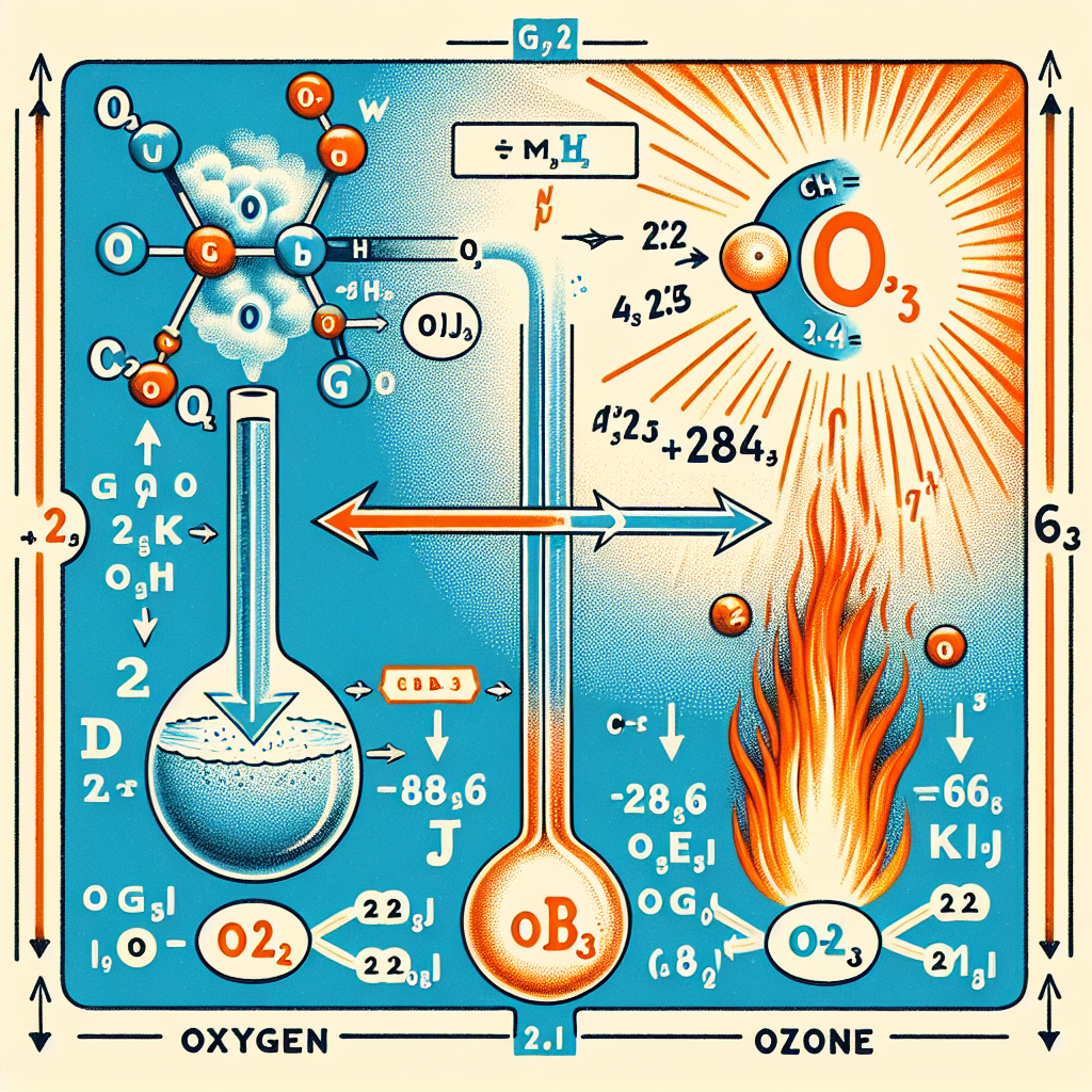 Illustrate a scientific concept. Display a balanced chemical reaction showing oxygen in its gaseous state (O2) transforming into ozone (O3). Depict this process in line with the laws of thermodynamics, indicating an increase in heat energy (+284.6 kJ). The image should not include any text, and should hint towards concepts of change in Gibbs free energy (delta G) and entropy (delta S). The overall aesthetic should be clean and engaging, leaning towards the style of classic, pre-1912 educational illustrations. The transformation and energy exchange should be evident in the image.