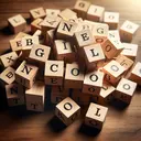 Create an engaging image related to unscrambling words. In the center, show a pile of scattered letters carved on wooden blocks. Include the letters from the words 'ngtialceoo' and 'birol'. The blocks should be slightly raised and shadowed to provide a 3D effect. Set the scene on a wooden table, with soft light from a nearby window illuminating the setup. Make sure there are no words or texts in the image.