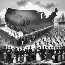 Visualize an image visualizing the hover of immigration policy in the 1880s United States. Show a large silhouette of the continent flanked by two groups of people. To the west, visualize a group of Asian people showing a diverse mix of men, women, and children, their progress halted by a symbolic barrier. To the east, depict a crowd of European people freely moving toward the continent. The central focus should be on the barrier and the contrast between the two groups.