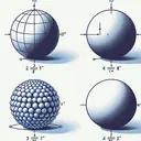 Illustrate a mathematical scenario. Show five different spheres representative of the problems given. The first two spheres have a radius of 10 feet, the third and fourth spheres have a radius of 7 cm and the last sphere should be depicted as having a surface area of 804 cm^2. The spheres should be accurately proportioned and shown without any text or numbers on them.