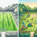 Create a detailed illustration capturing the essence of two distinct landscapes fitting the descriptions of a 'playing field' and a 'playground'. On the left, depict a typical playing field with markings for sports, void of any equipment; the grass should be lush, and there should be visible goals at the ends. On the right, contrast this with an image of a colorful playground filled with various play equipment such as swings, slides, a jungle gym, and a sandbox. Ensure both environments are populated with a diverse range of children, both boys and girls from different ethnic backgrounds, actively engaging with their respective environments.