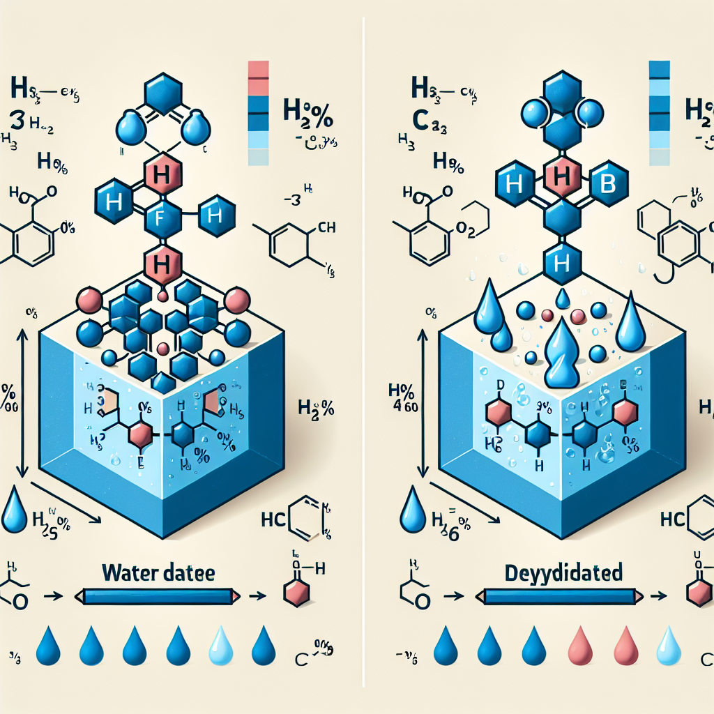 Create an image that represents water in a hydrate and a dehydrated compound. The image should illustrate the difference between them. Make sure to include a visual representation of the percentage composition in the hydrate, and the formula of the associated dehydrated compound. All elements should be represented using chemical symbols and the mass or percentage composition of water in the hydrate should be visually represented. Remember, the image should contain no text.