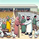 Please generate an image of a barnyard with clear sections allocated for ducks and chickens. The image should depict a Caucasian farmer amidst the animals. He should be seen giving away a few ducks and chickens to a Middle Eastern woman, who is understood as his sister. An additional smaller illustration in the corner of the image could show another transaction, where the farmer is seen buying additional chickens and ducks from a Black male vendor. The barnyard should show a notable decrease in the number of ducks and an increase in the number of chickens. There should be no text in the image.