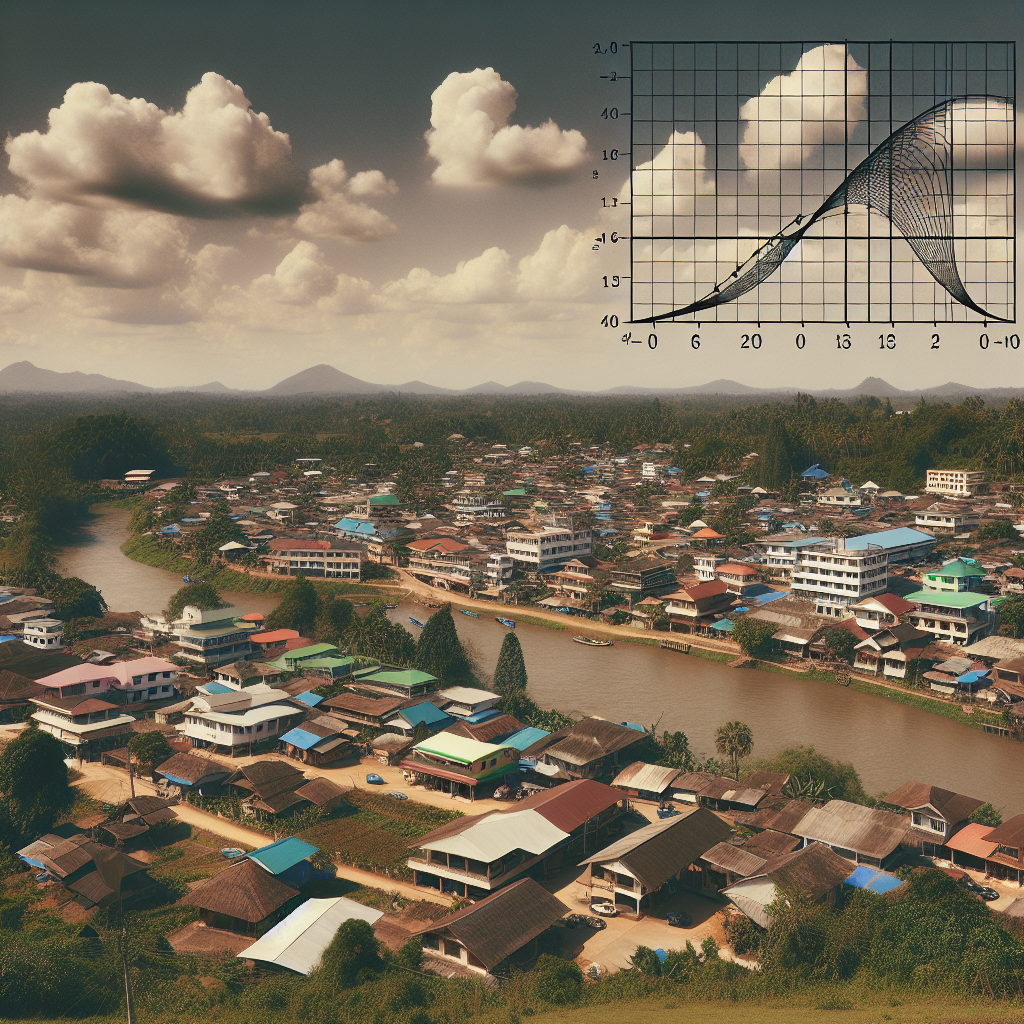Generate an image of a small town viewed from a hilltop, showing an assortment of well-spaced buildings such as houses, a school, a grocery store, and a few essential services. In the foreground, depict a grid of paper hosting a functional graph, showing a curve that represents a mathematical function. Superimpose this grid subtly against the background, symbolizing the connection between the town's population and the function. The town should appear tranquil and welcoming amidst a lush green setting, with a river slowly flowing by its side. The sky is clear with a few fluffy, white clouds.