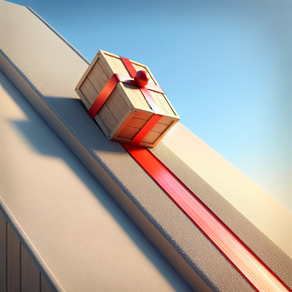 Visualize a physics experiment: A wooden box with a bright red ribbon is sliding downwards on a steep, slippery inclined surface. The surface is light grey with a textured finish to represent friction. The scene takes place in an educational setting, against the backdrop of a clear blue sky. The angle of the incline is not specified and left open to interpretation. Note, the image contains no numbers or text.