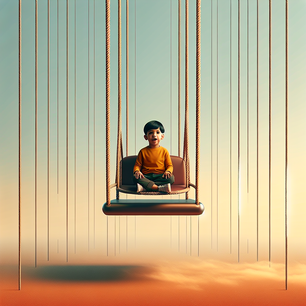 Create an image showing a child in the middle of a swing. The swing is supported by two ropes on each side, stretching upwards. The child, a South Asian boy with short black hair, is sitting comfortably in the middle of the swing looking excited. Both ropes are taut. The image has a serene feel, with no signs of motion indicating the swing is at rest. The environment around the child and the swing is empty, focusing the attention on the physics of the situation. Make sure the image contains no text.